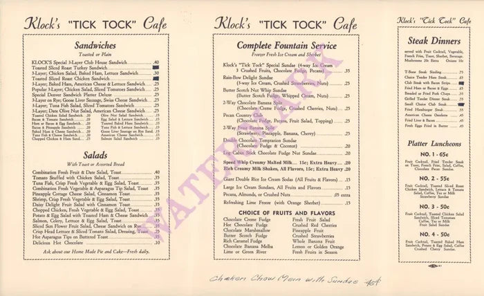 Klock's Tick Tock Diner, St Cloud MI, 1931 Menu
