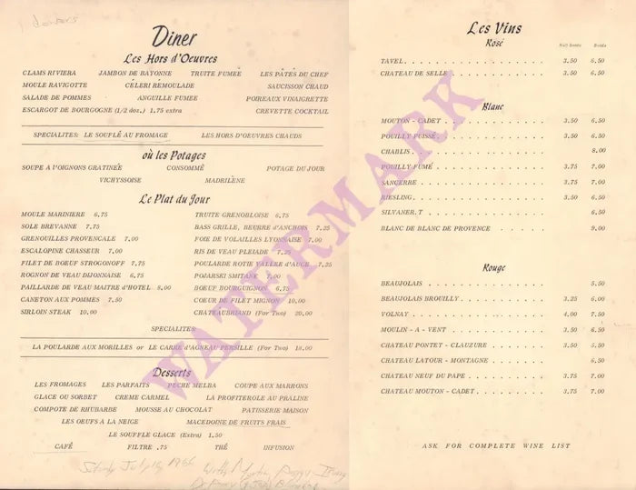 La Croisette, New York 1961 Menu