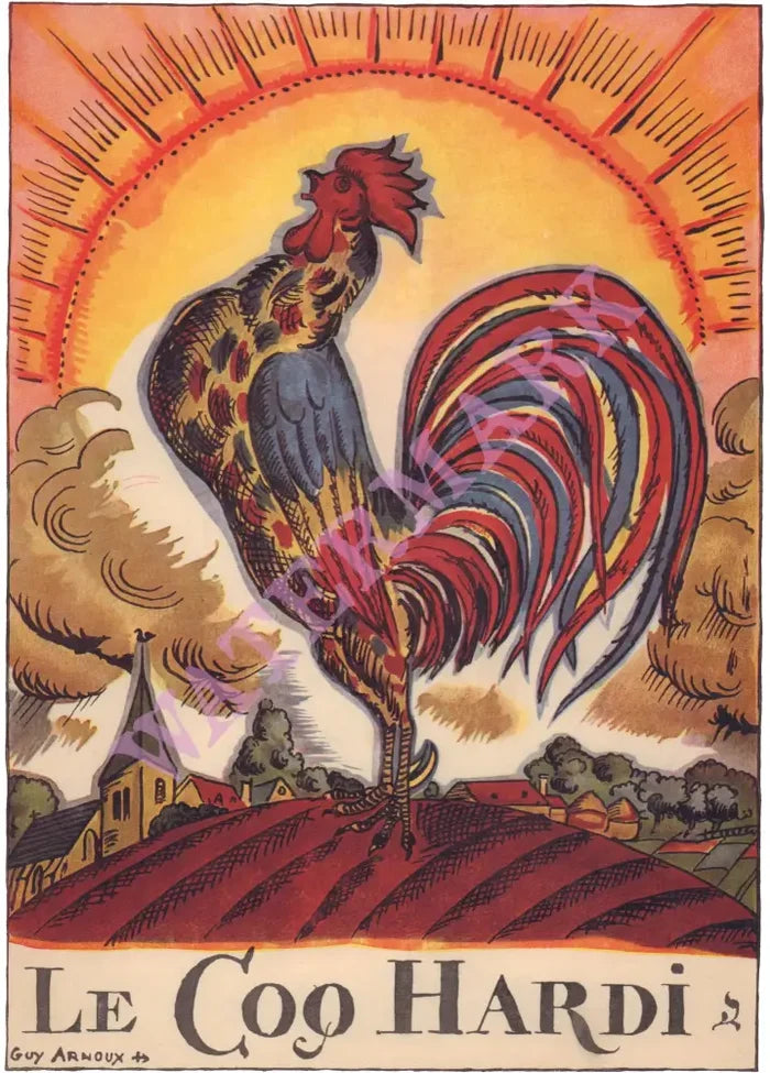 Le Coq Hardi, Bougival, France 1950s Menu Art by Guy Arnoux