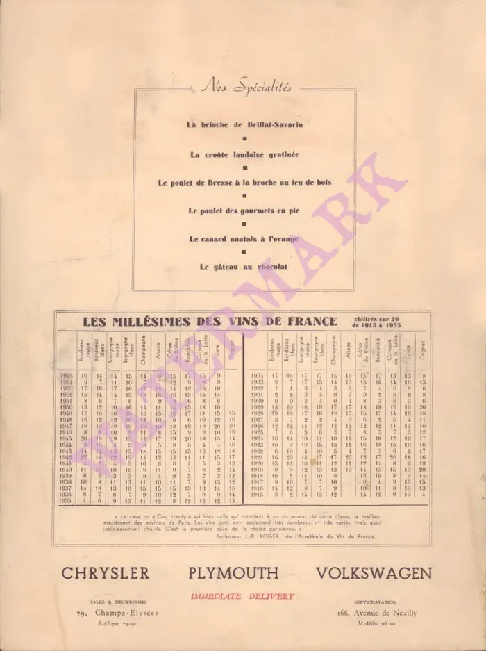 Le Coq Hardi, Bougival, France 1950s Menu