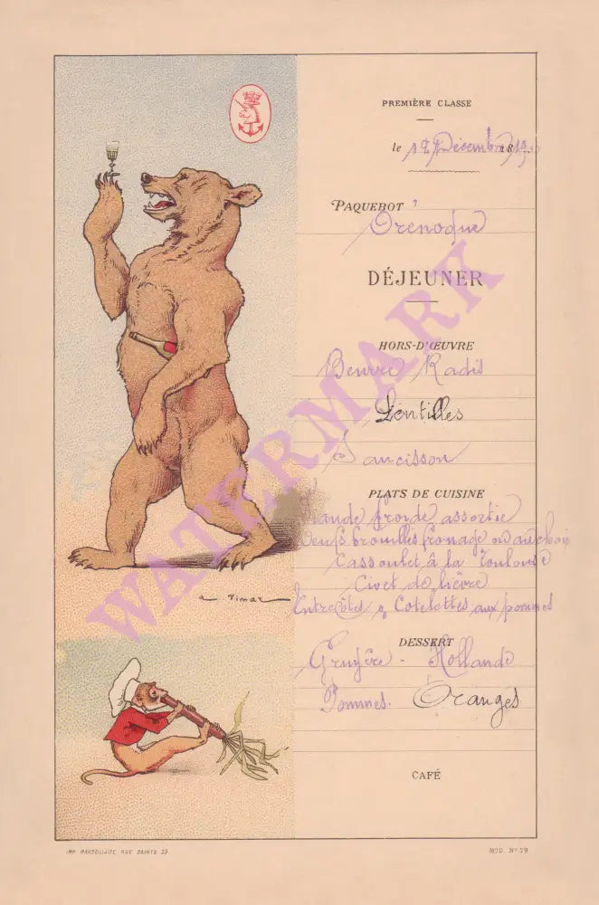 Le Paquebot Orénoque 1900 (Bear) Menu Art by Auguste Vimar