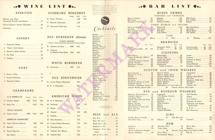Leon and Eddie's, New York 1944 Wine List