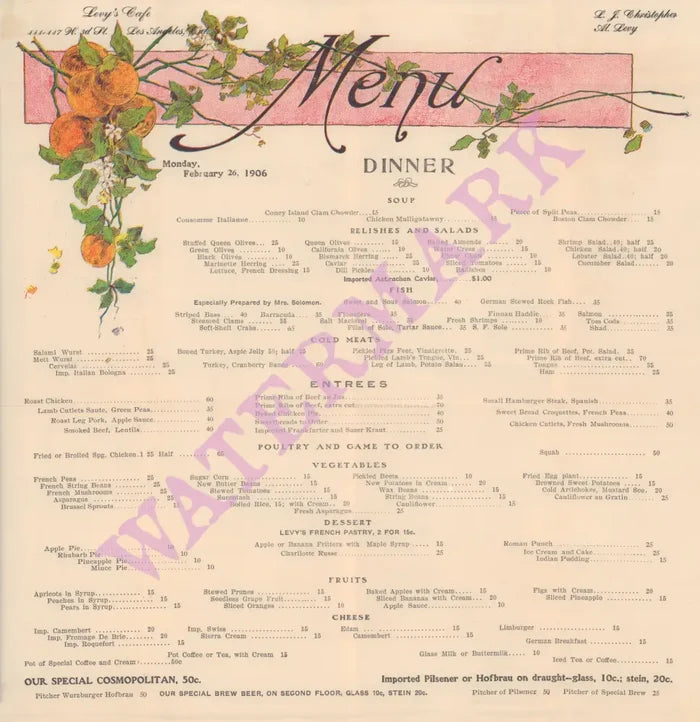Al Levy's Cafe, Los Angeles 1906 Menu
