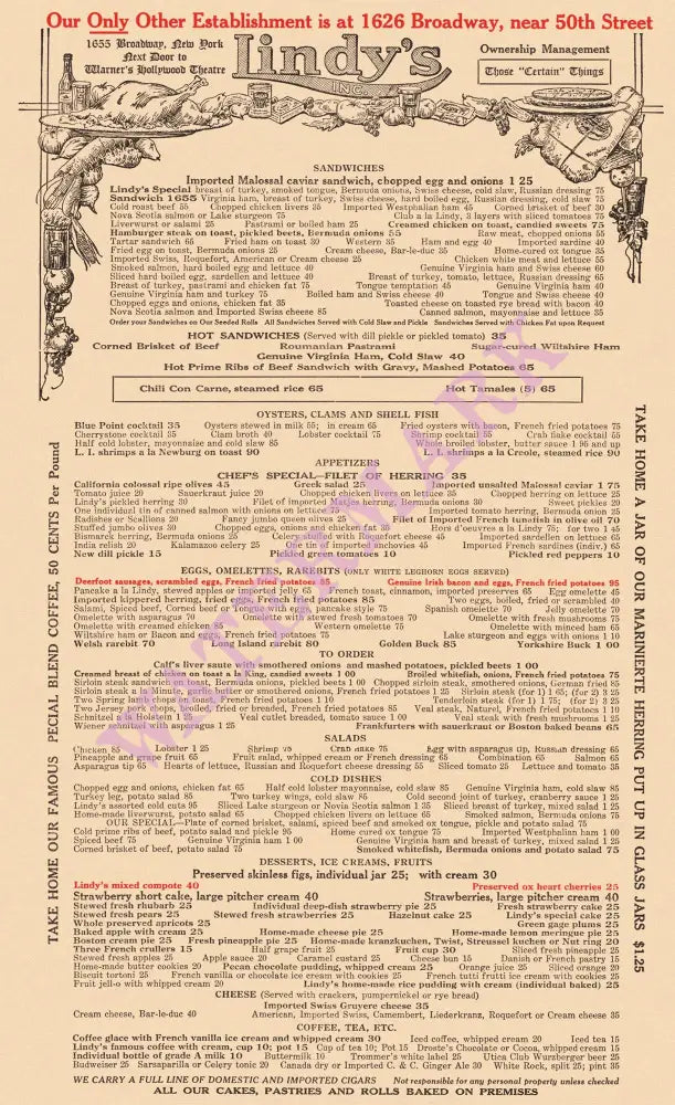 Lindy’s, New York 1930s Menu Art