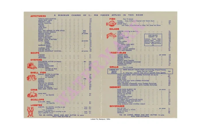 Lobster Pot, Blackpool, 1960s Menu