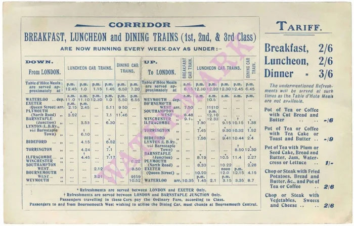 London and South Western Railway Dining Car Menu, 1906