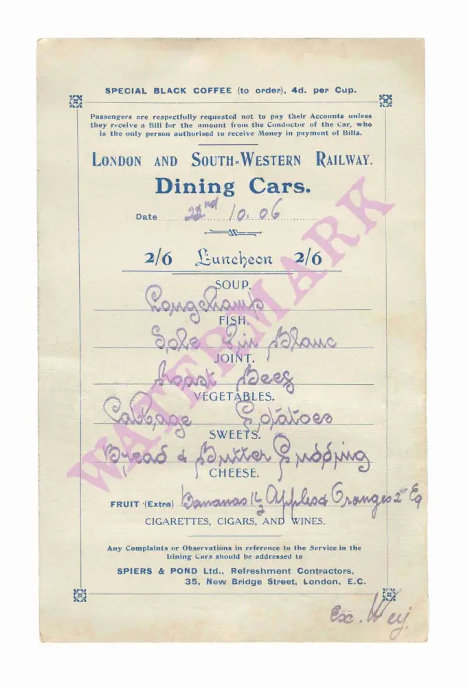 London and South Western Railway Dining Car Menu, 1906