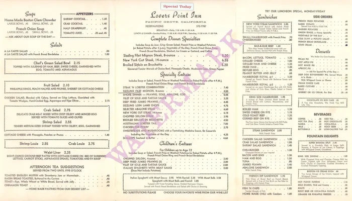 Lovers Point Inn, Pacific Grove 1970s Menu