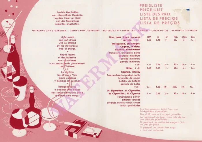 Lufthansa in-flight Drinks, 1955 menu