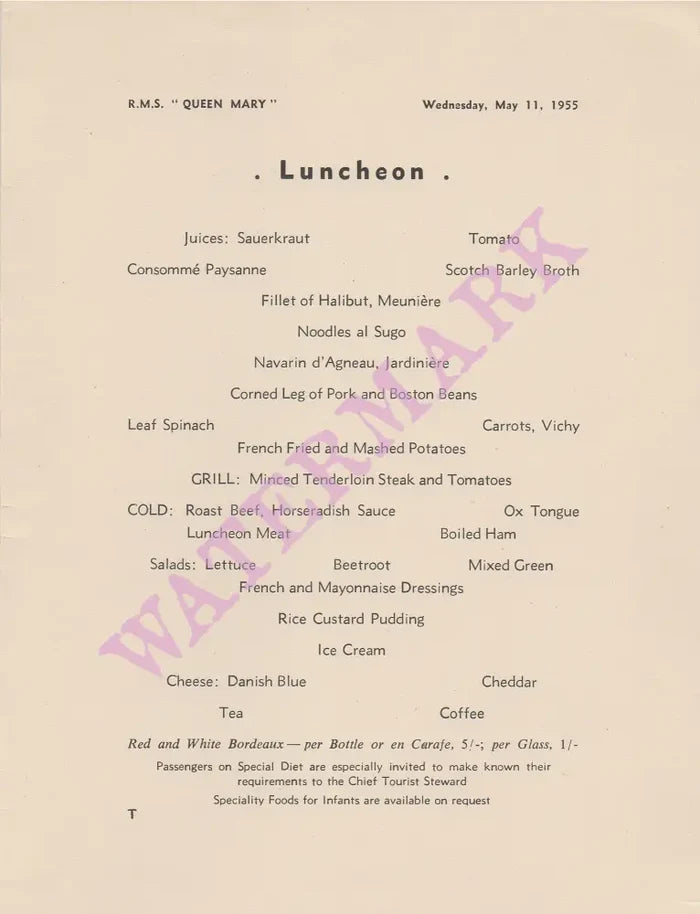 Queen Mary 1955 lunch menu