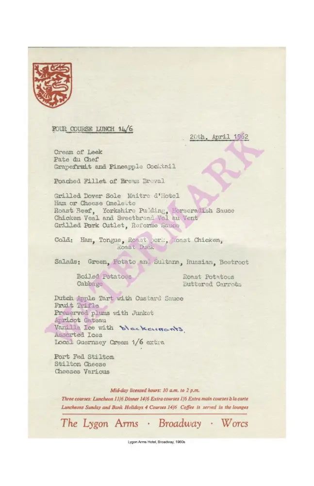 Lygon Arms, Broadway 1962 Menu