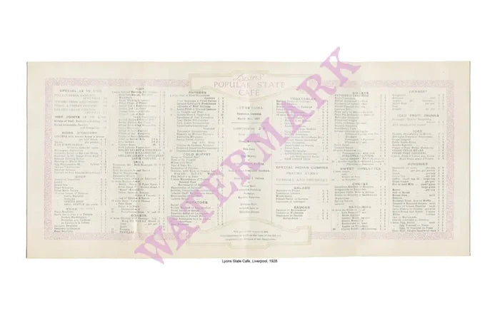 Lyons' Popular State Café, Liverpool, 1928 Menu