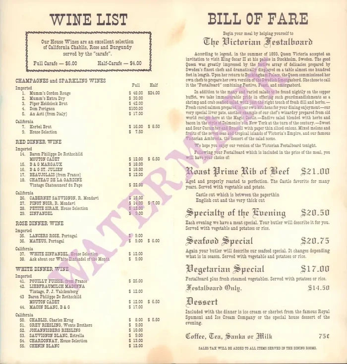 Magic Castle, Hollywood 1980s Menu