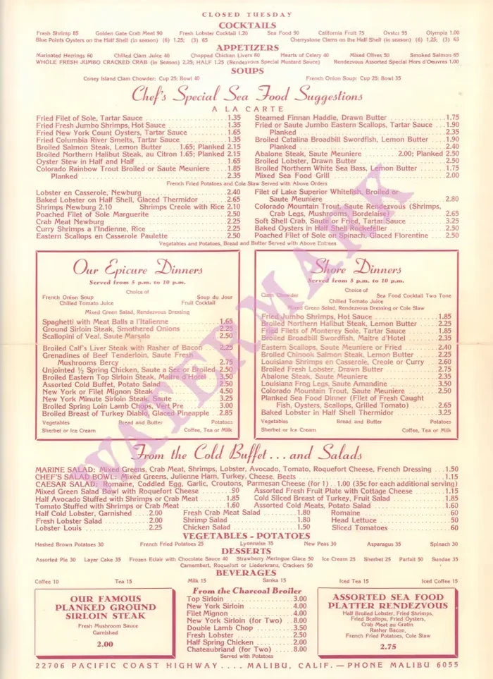 Malibu Rendezvous, Malibu 1960s Menu