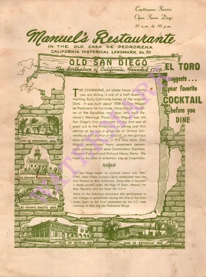 Manuel's, San Diego 1960s Menu