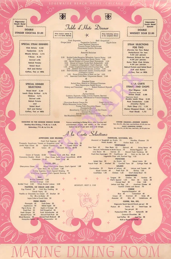 Marine Dining Room, Edgewater Beach Chicago 1949 Menu