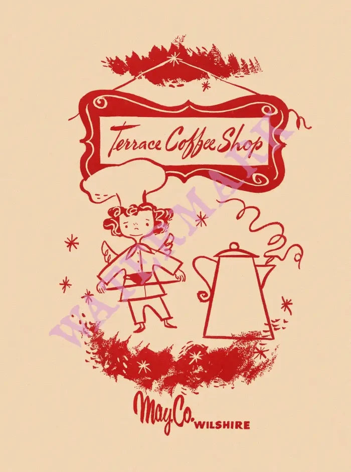 MayCo Wilshire Department Store, Terrace Coffee Shop, Los Angeles 1950s menu art