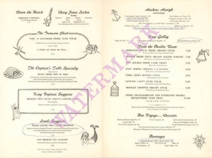 Mermaid Room, Park Sheraton International Hotel 1970 Menu