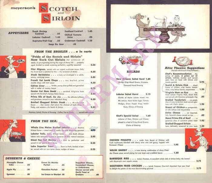 Meyerson's Scotch and Sirloin, Detroit 1961 Menu