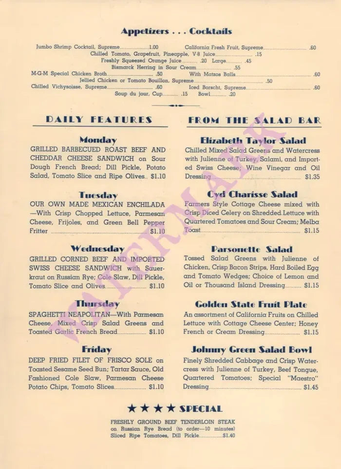 MGM Studio Menu, Culver City 1958 Menu