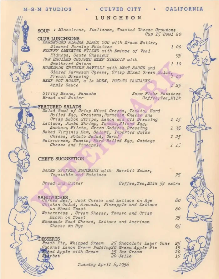 MGM Studio Menu, Culver City 1958 Menu
