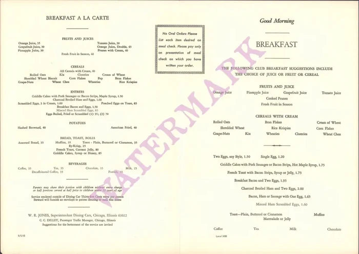 Milwaukee Road Rail Service, 1965 | Vintage Menu Art - breakfast menu