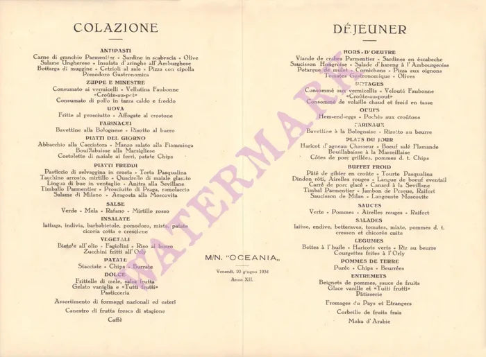 MN Oceania, 1934 | Vintage Menu Art - food menu