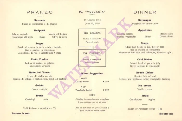 MN Vulcania, La Riviera Ligure - Lavagna 1954 Dinner Menu