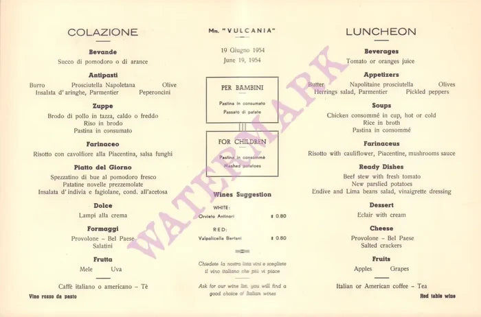 MN Vulcania, La Riviera Ligure - Santa Margherita 1954 Luncheon Menu