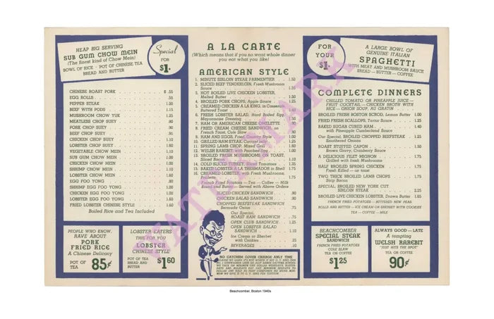 Monte Proser's Beachcomber, Boston, 1940s Interior Menu