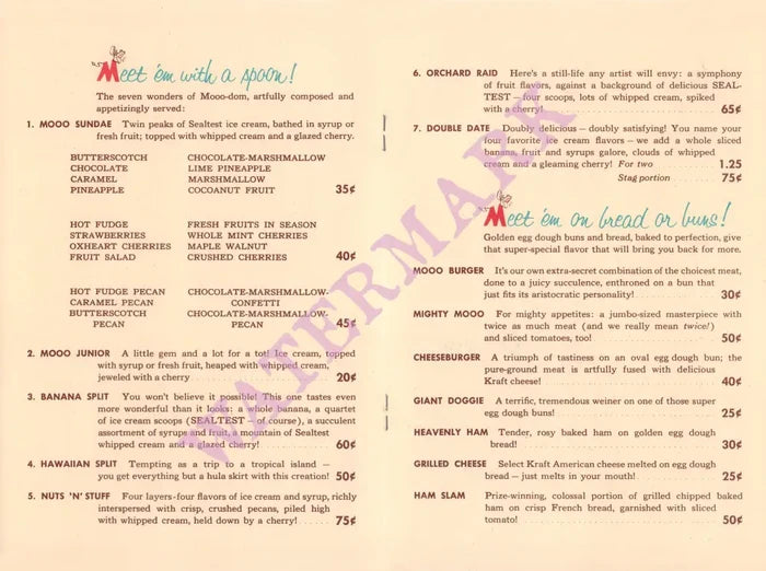 Moo Shops, USA 1950s Menu