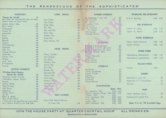 Mother Kelly's, Miami Beach 1936 Menu