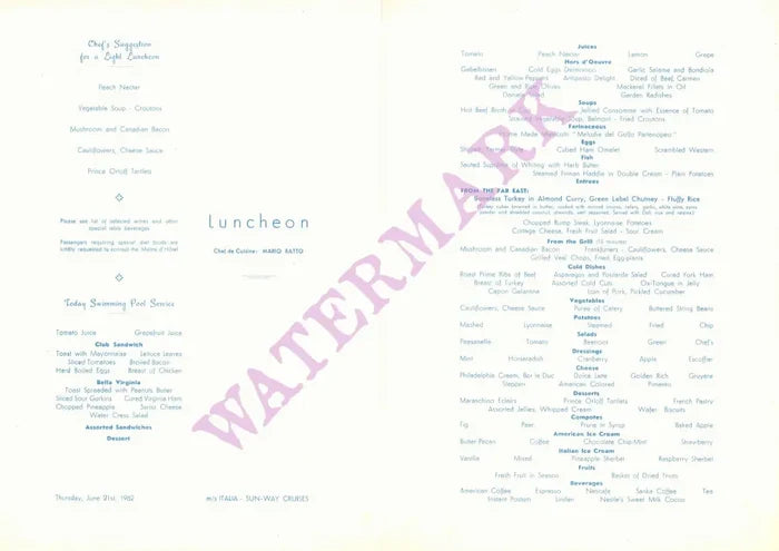 Motor Ship Italia, Home Lines 1962 Curaçao Menu