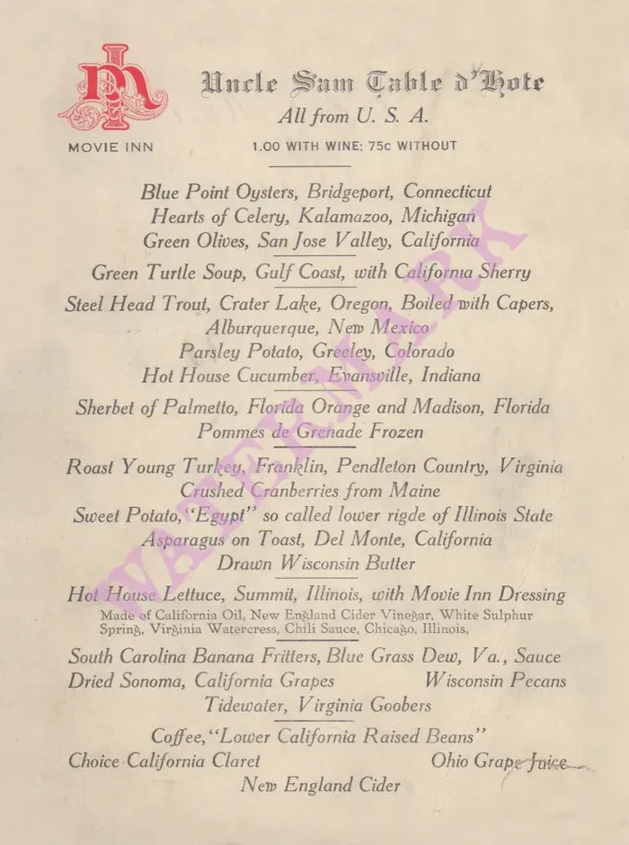 Movie Inn, Chicago 1910s Uncle Sam menu