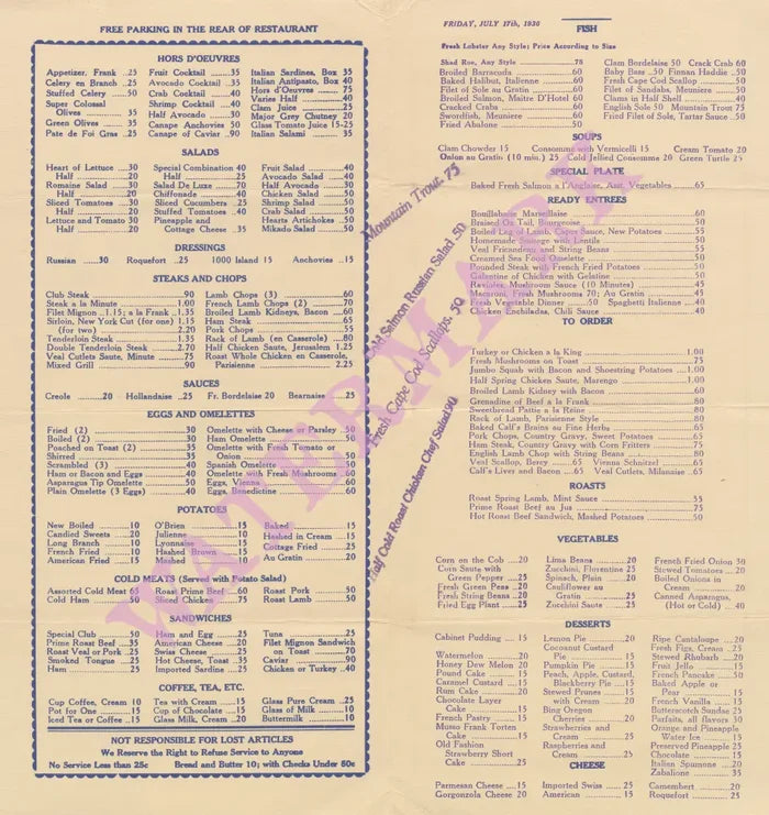 Musso & Franks Grill, Hollywood 1936 Menu
