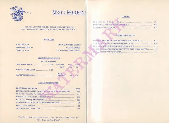 Mystic Motor Inn, Mystic 1970s Menu