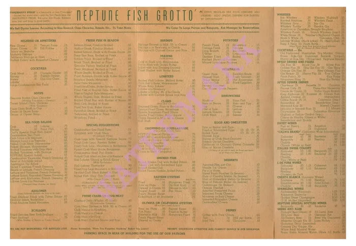 Neptune Fish Grotto, San Francisco 1938 Menu