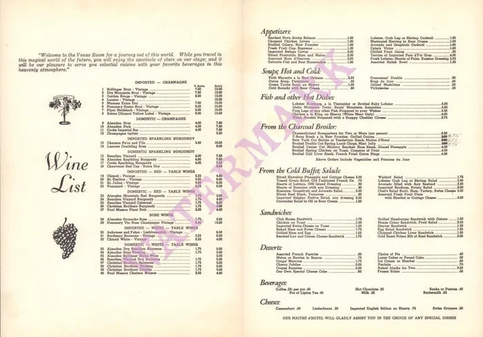 Venus room, New Frontier Hotel, Las Vegas, Menu 1956