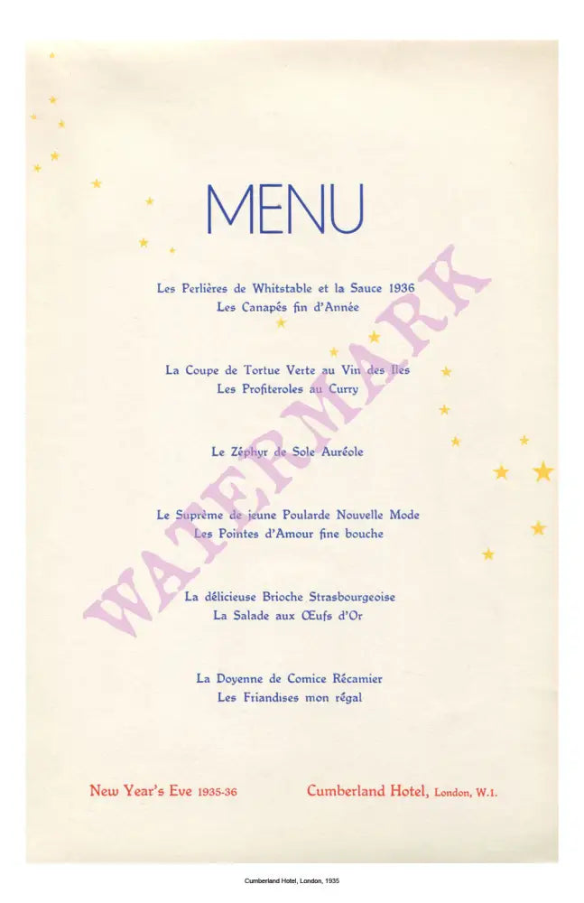 New Year's Eve 1935-36, Cumberland Hotel, London Menu