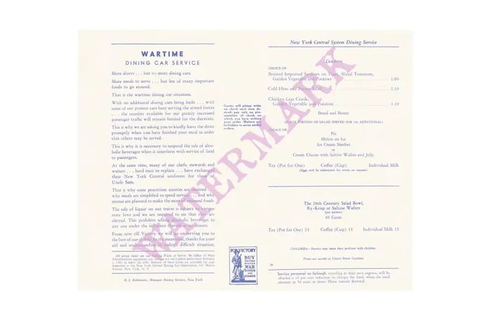 New York Central System Wartime Dining Service 1943 Vintage Americana Menus