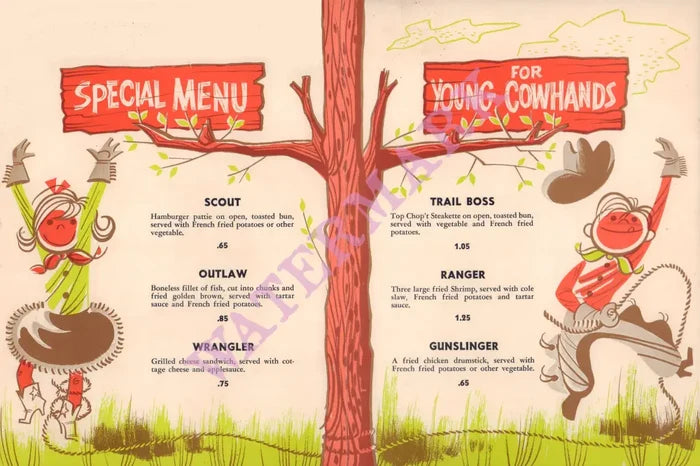 Night Hawk Kids Menu, Austin 1970s