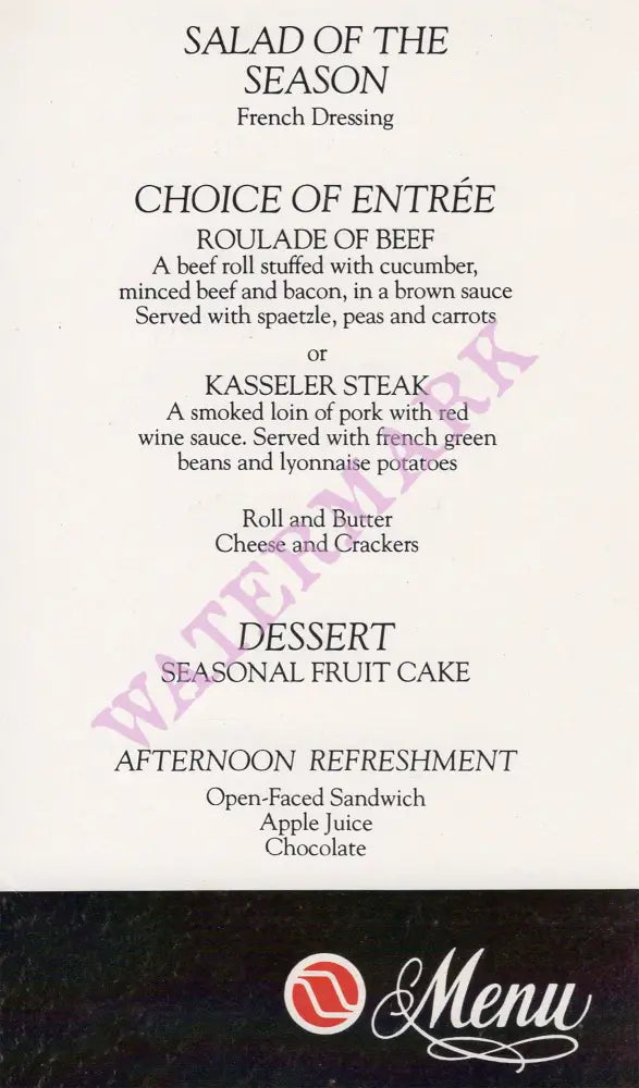 Northwest Orient Airlines, In-Flight Menu 1980s
