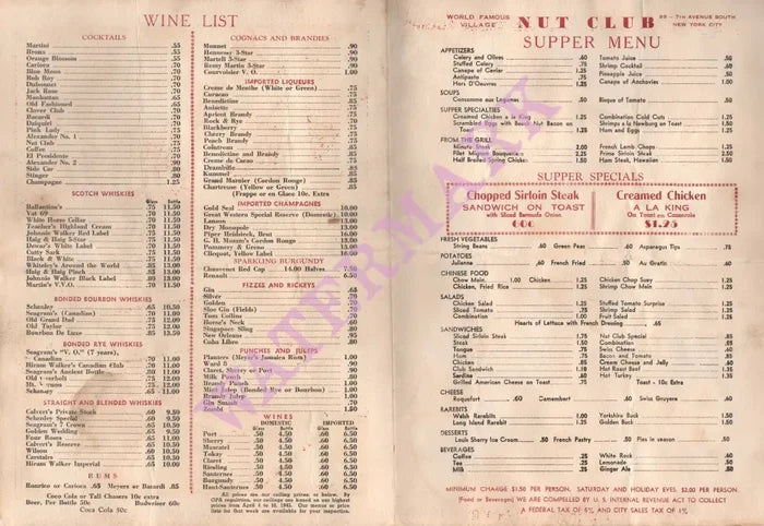 Nut Club, New York 1943 Menu