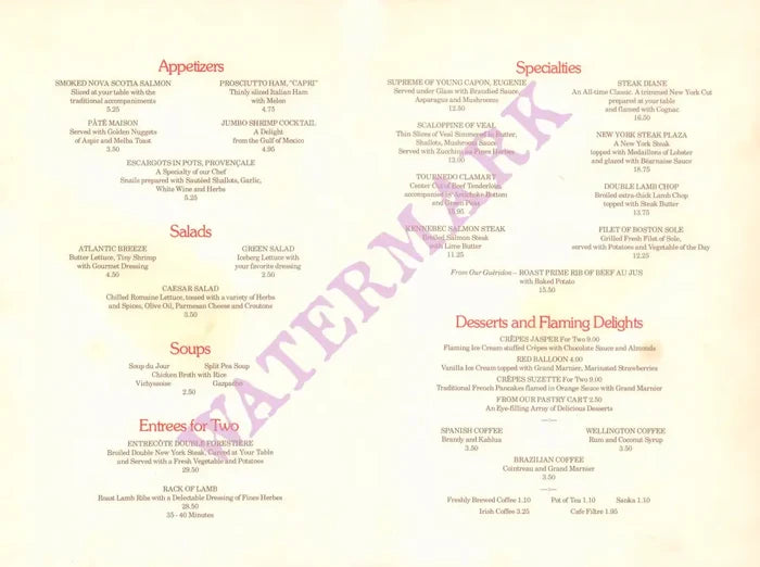 Oak Room, The Plaza New York Menu
