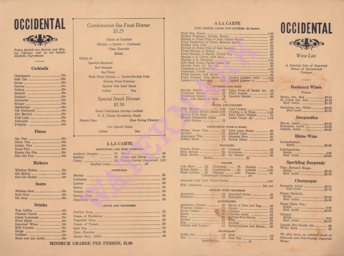 Occidental Grill, Charleston 1930s/1940s Menu