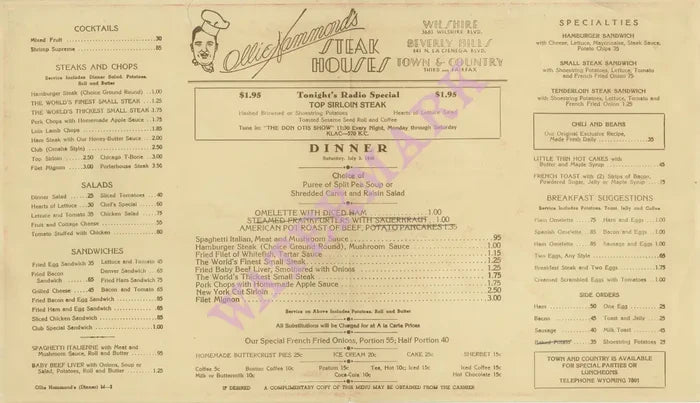 Ollie Hammond's Steak Houses, Los Angeles 1948 Menu