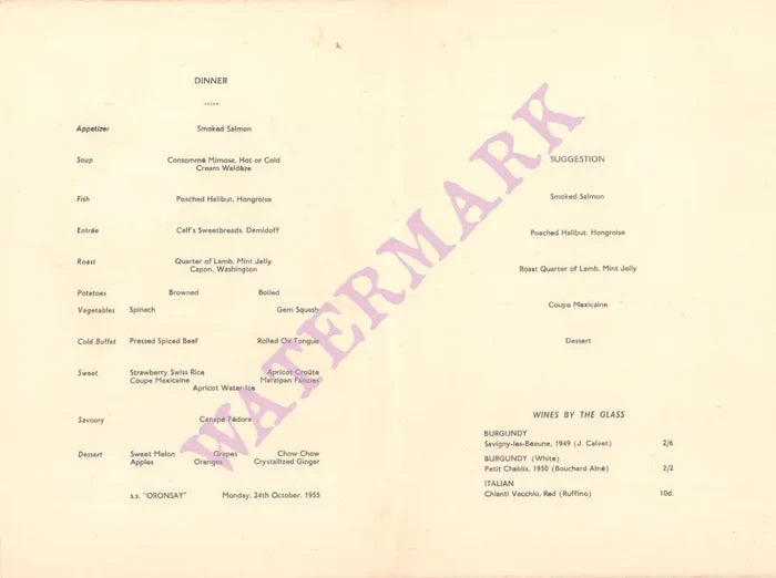 Orient Line, Orlando Goes to Sea, 1953 SS ORONSAY Menu