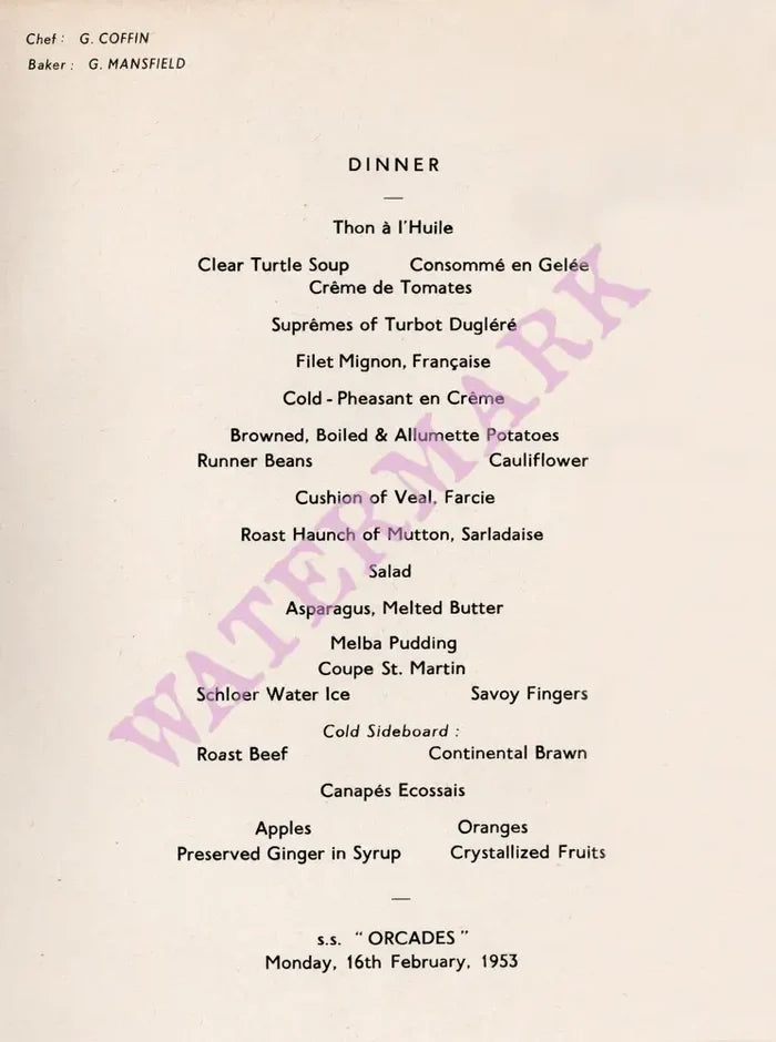 Orient Line Steam Ship Orcades 1953 Menu