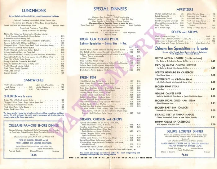 Orleans Inn on Cape Cod, Orleans MA 1957 Menu