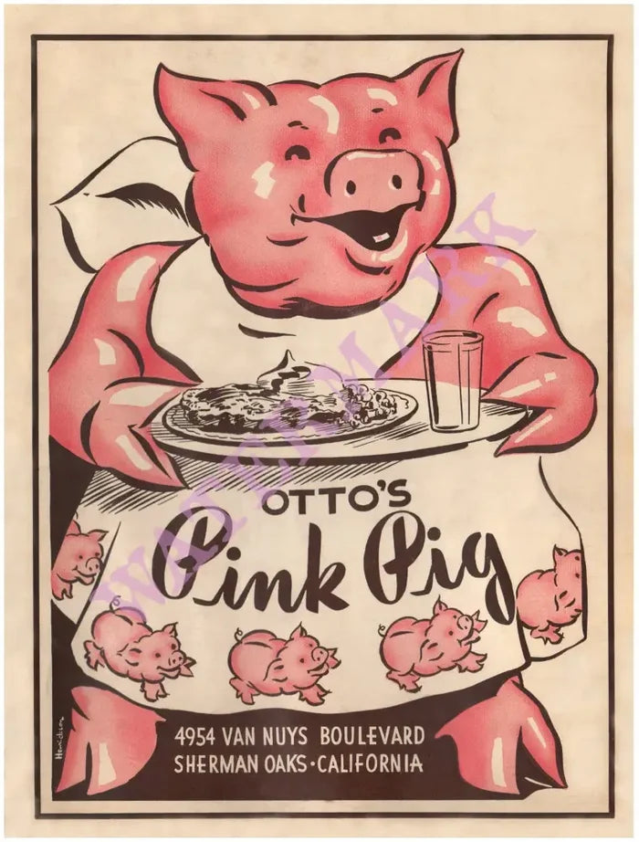 Otto's Pink Pig, Sherman Oaks CA 1940s Menu Art
